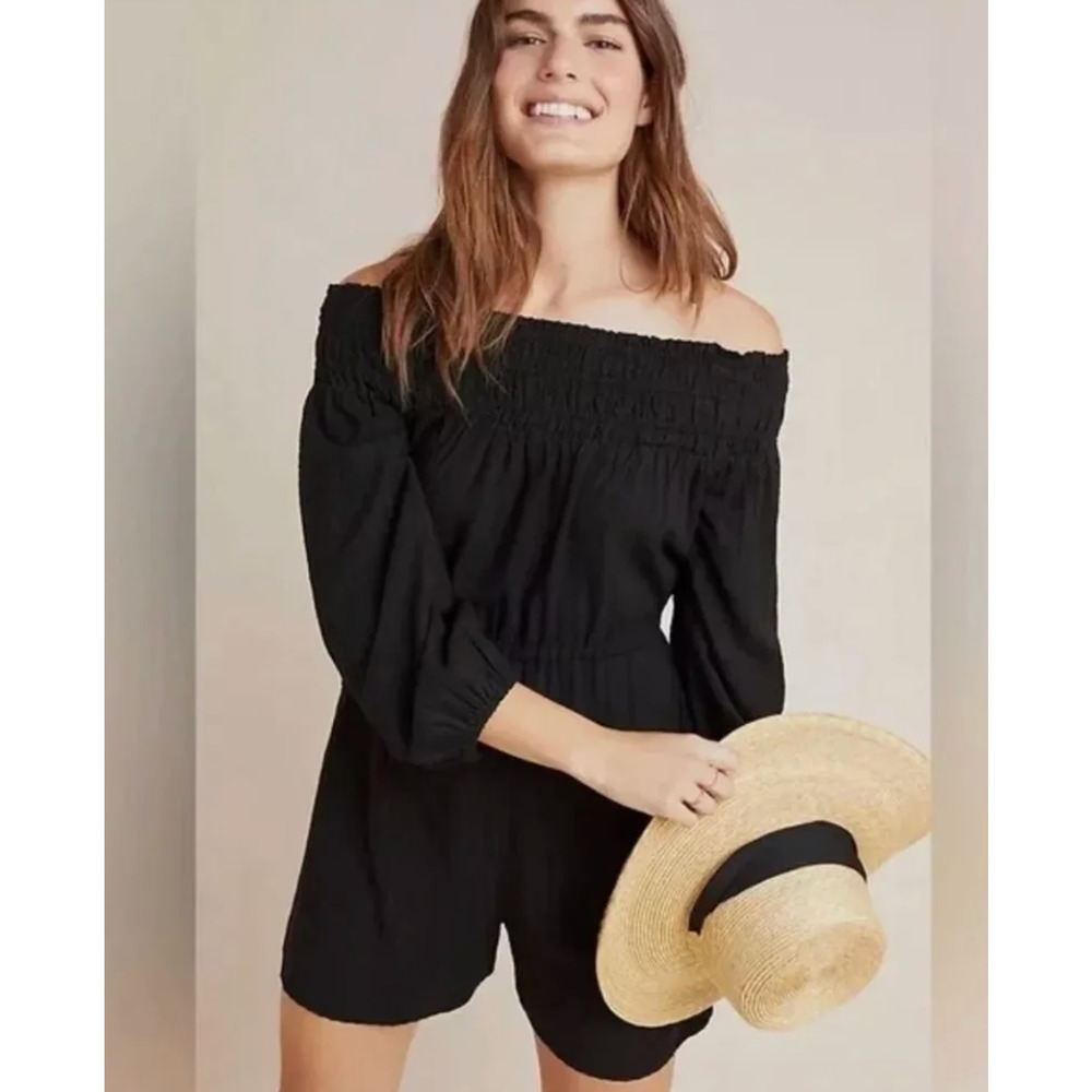 Anthropologie Amadi Romper Women Medium Black Velacruz Off-The-Shoulder Vacation